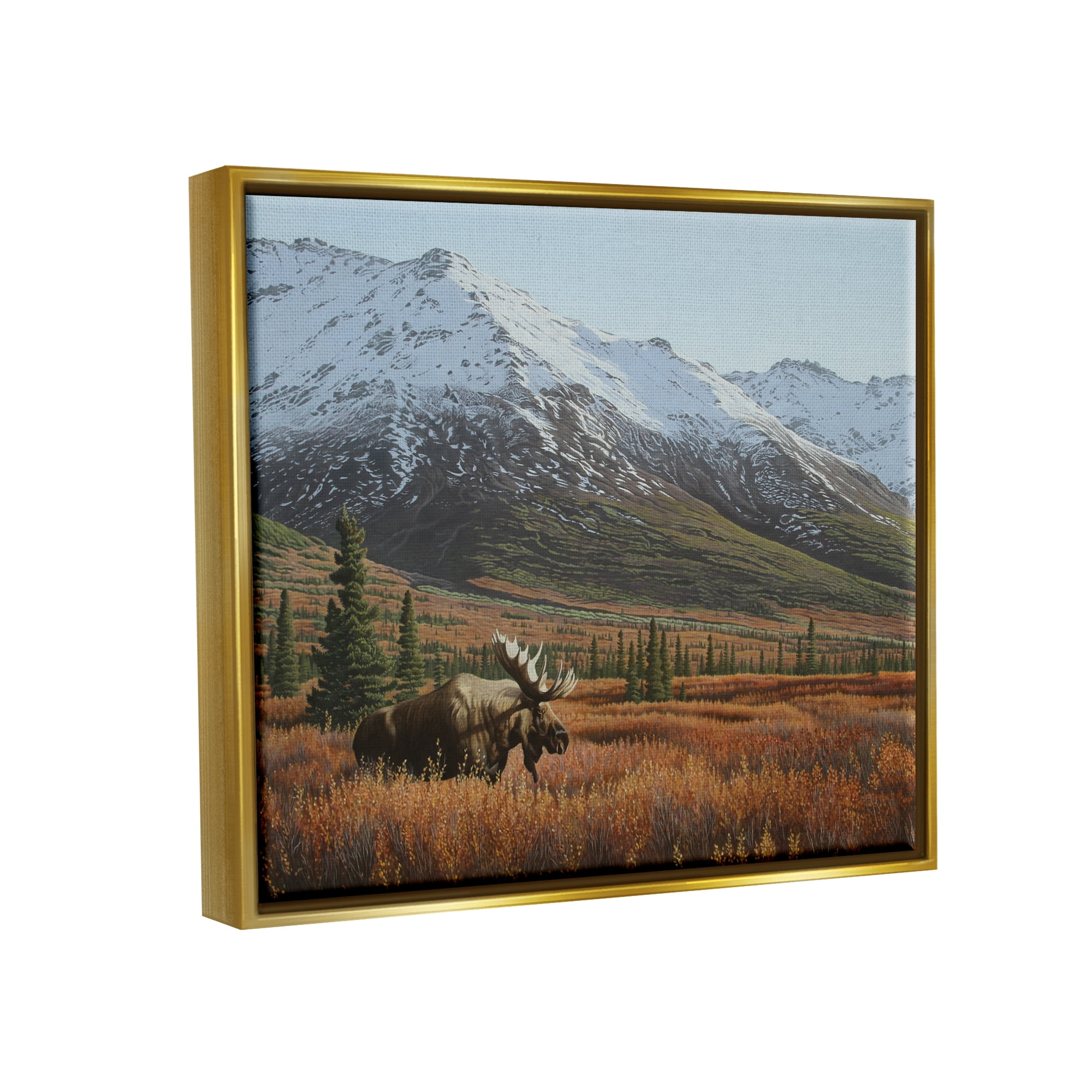 Stupell Industries Moose Rural Mountain Landscape Nature Painting Gold Floater Framed Art Print Wall Art, 31 x 25