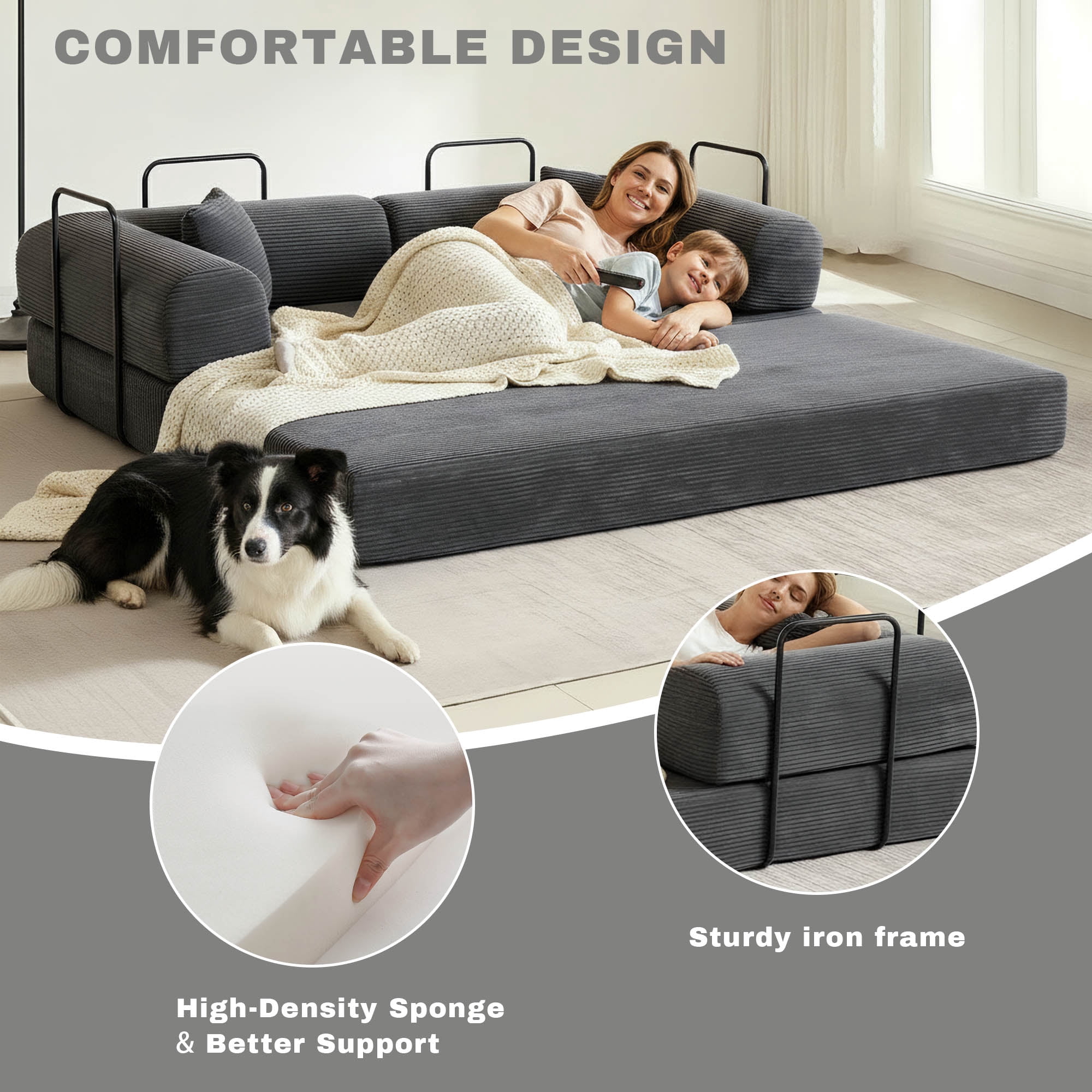 GAOHAPY 80" Convertible Sleeper Sofa Bed, Corduroy Foldable Futon Couch with Pillows, No Assembly Sofa  for Living Room Small Spaces Apartment ,Dark Grey