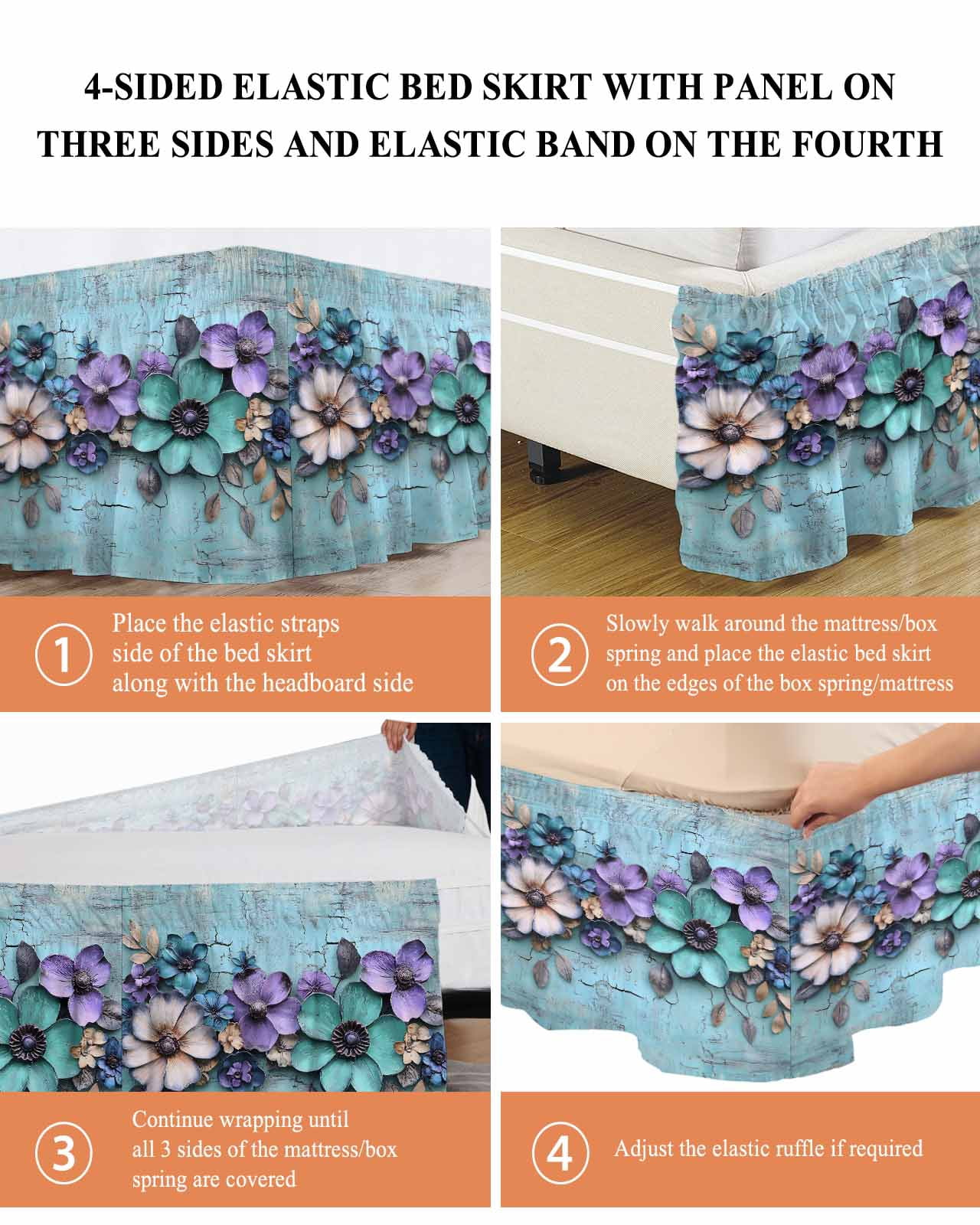 Spring Purple Flowers Wrap Around Bed Skirts for Queen Bed 18" Drop,Bed Skirt with Adjustable Elastic Belt Dust Ruffle Bed Valance for Bedroom Hotel Floral Mottled Teal Wall Retro Bed Frame Cover