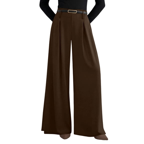 Womens Spring Wide Leg Trousers Loose Pleated Long Flowy Palazzo Work Pants with Pockets Brown M