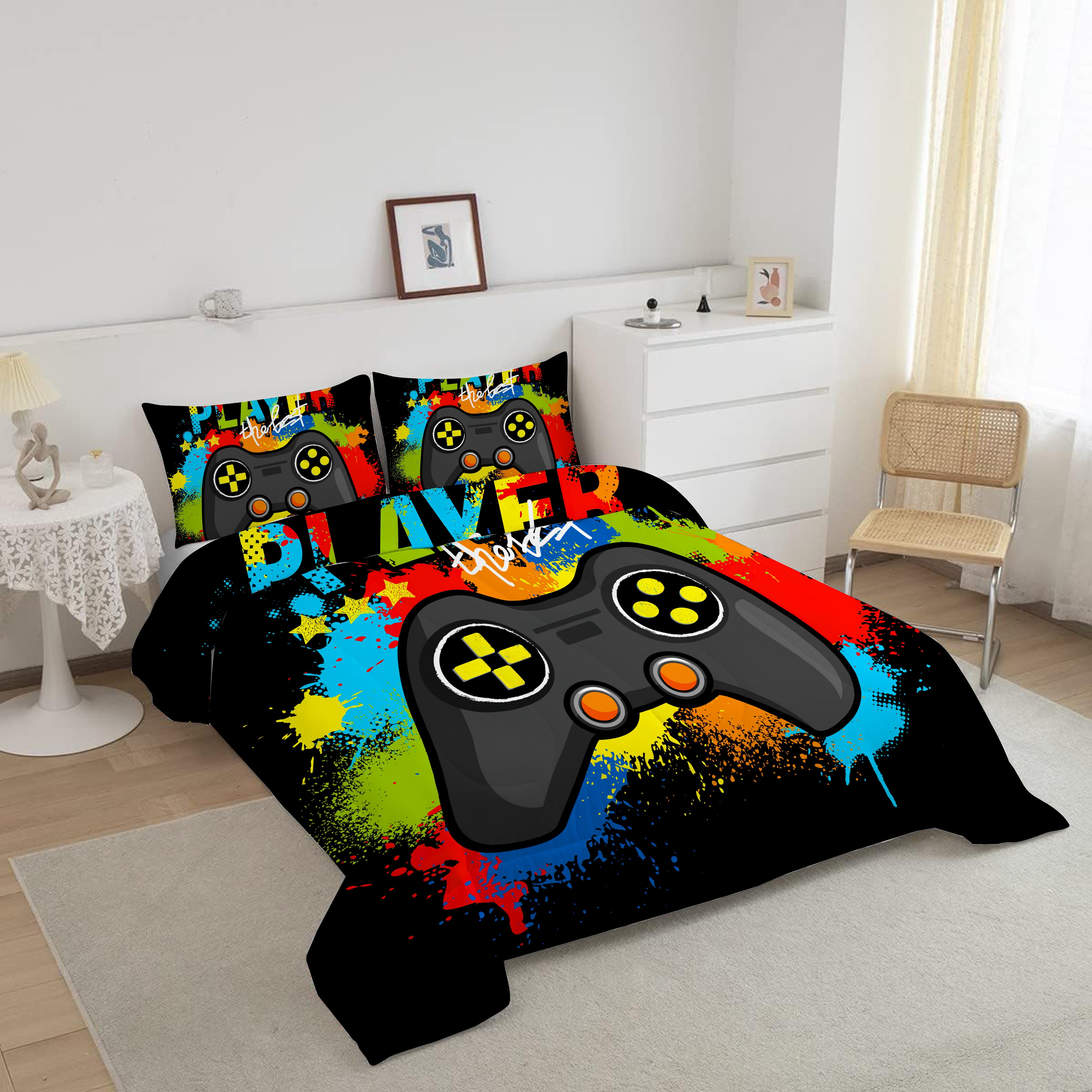 3 Pieces Yellow Gamer Comforter Set for Boys Gaming Bedding Set Queen Size Video Game Controller Colorful Comforter for Kids Adult 3D Gamepad