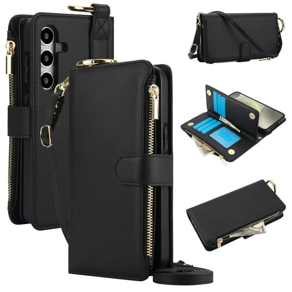 Allytechgroup Wallet Case for Samsung Galaxy A54 5G, RFID Blocking Multiple Cards Holder Zipper Pocket Hand Strap Shockproof Stand Phone Case with Crossbody Lanyard for Women Girls, Black