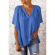 thumbnail image 2 of Blusa de manga corta con cuello en V, ajuste holgado, Color puro, suave, transpirable, Top informal para mujer para viajes diarios de trabajo, 2 of 6