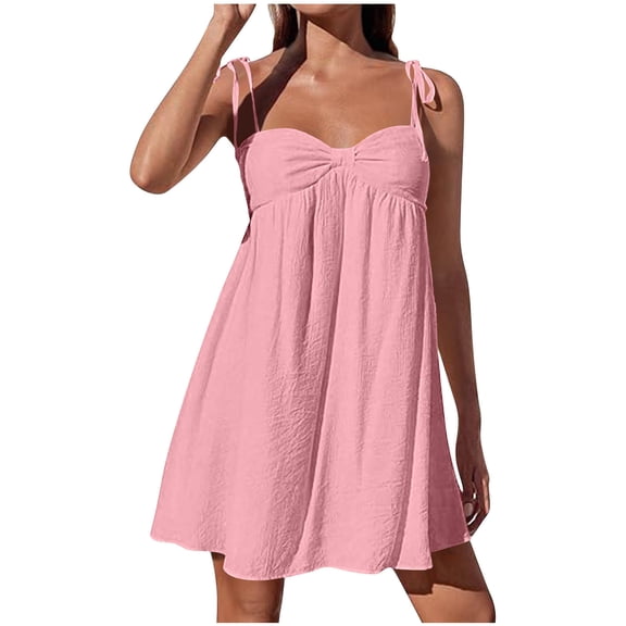 VEKDONE Mini Dresses for Women Loose Fit Spaghetti Strap Bow Babydoll Dress Summer Casual Vacation Flowy Beach Short Sundress Pink XL