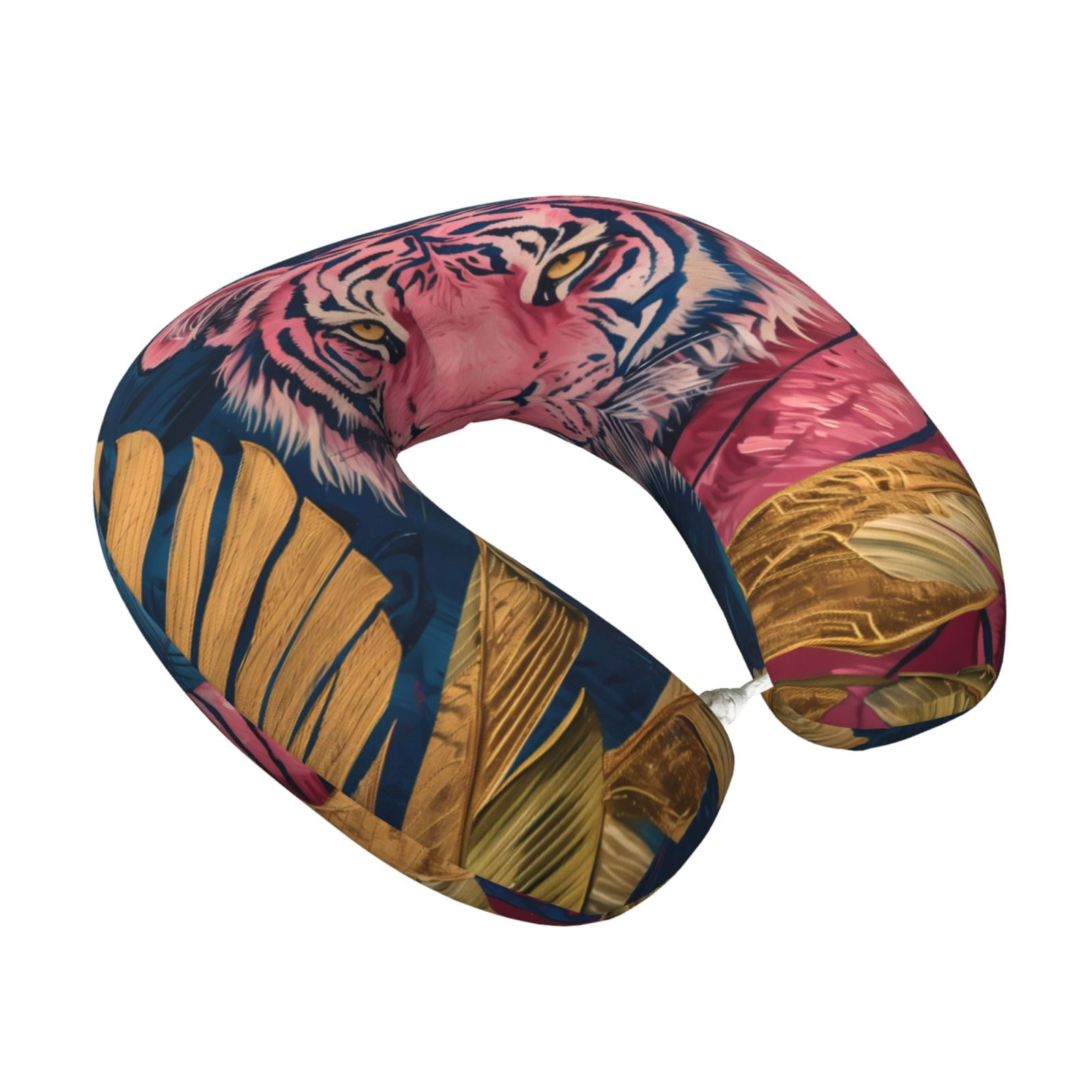 Xecao Pink Tiger Gold Leaves Print Memory Foam Cervical Neck Pillow Versatile U-Shaped Pillows for Home,Office,Camping,Travelling,Soft Washable Cover