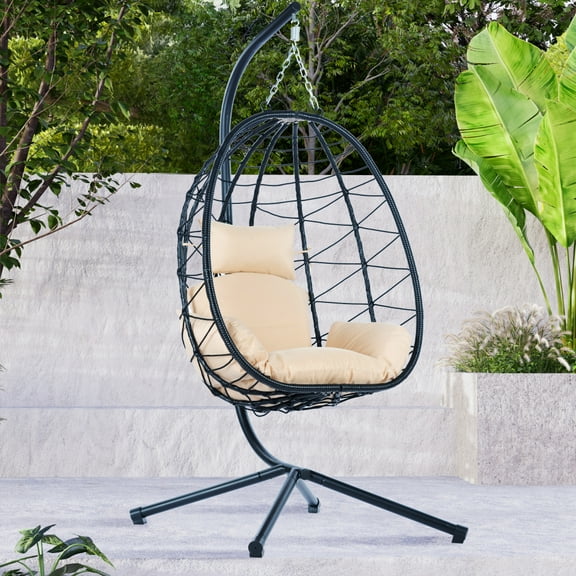 Hanging Egg Chair with Stand, Indoor Outdoor Wicker Swing Chair, Hammock Basket Chair for Patio, Bedroom, Living Room, Balcony