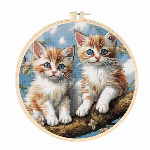 Kittens Easy Cross Stitch Kits for Starter Kits DIY 11CT Pre-printed Stamped Patterns Embroidery Cross Stitching Needlework Kit Set Supplies with Hoop 35x35cm (a100)