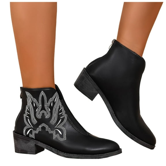 Cowboy Ankle Boots for Women Leather Pointed Toe Low Heel Zipper Slip on Cowboy Short Booties Winter Fall Shoes