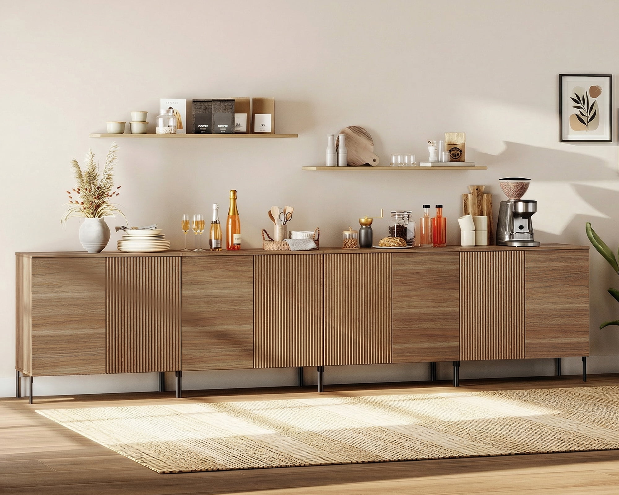 126" Wooden Fluted Sideboard with 8 Doors and Adjustable Shelves, 4-In-1 Modern Credenza Storage Cabinet for Kitchen, Dining Room
