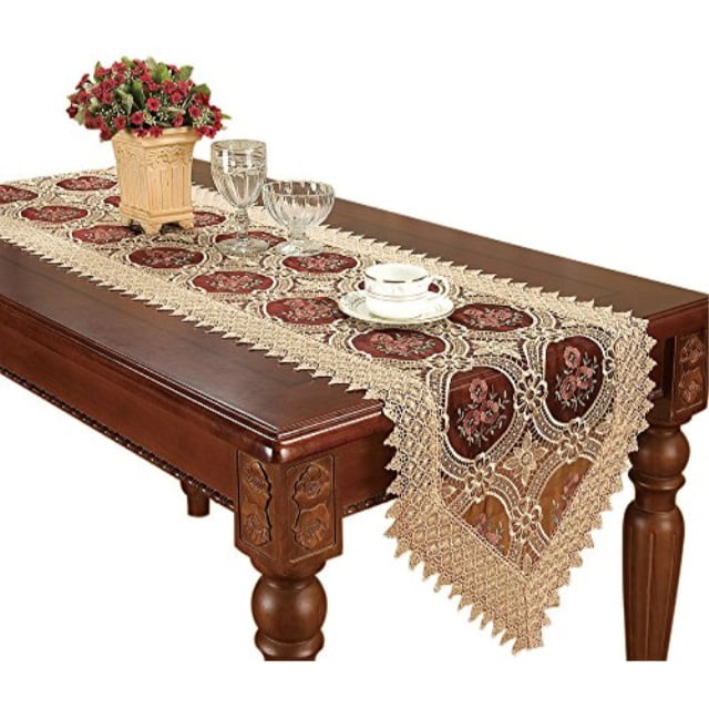 Simhomsen Vintage Gold Burgundy Lace Table Runner And Dresser