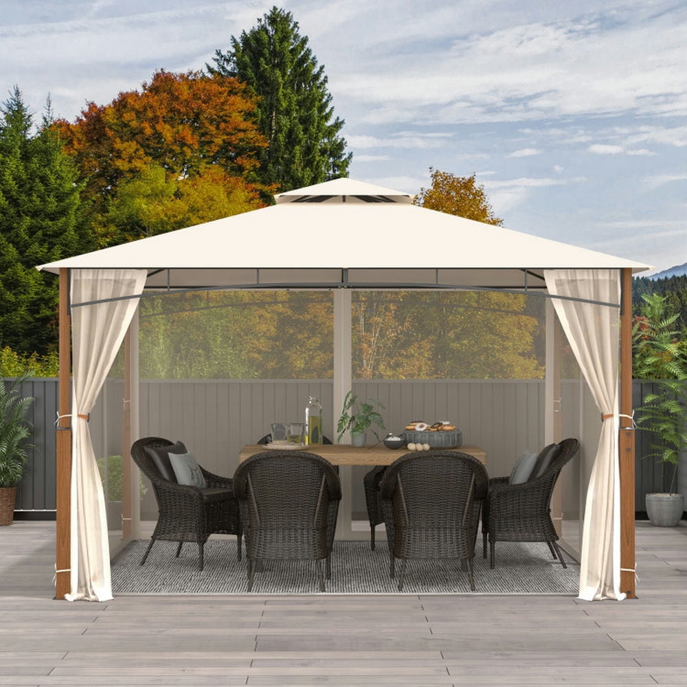 Spaco Outdoor Gazebo,Patios Gazebos,12 x 10 Feet Outdoor Patio Gazebo with Netting and 2-Tier Canopy Roof-Beige