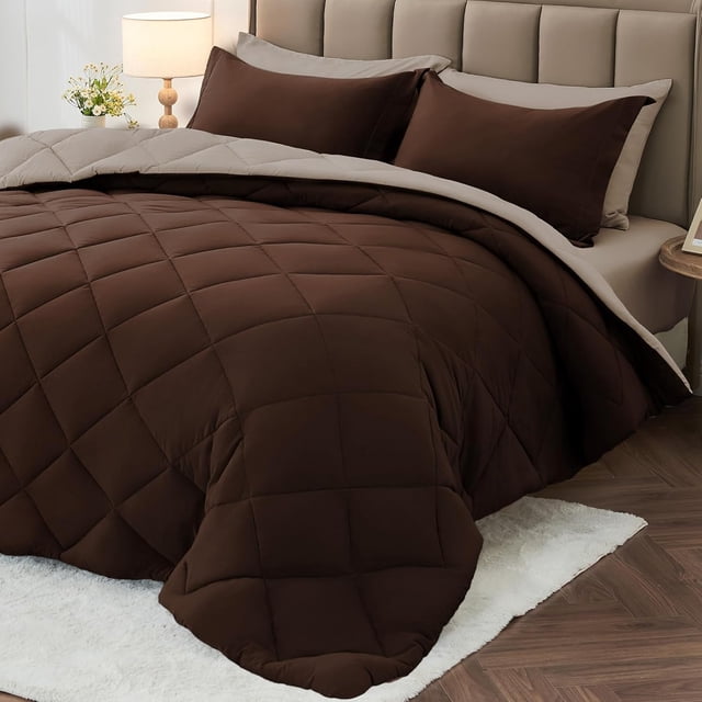 Ensemble de Douillette MUXHOMO 7 Pcs Format Double, Sac de Literie Réversible Double pour Toutes les Saisons, Ensemble de Literie Double Ultra Doux avec Douillette, Drap Plat, Drap-Housse, Taies d'Oreiller et Couvre-Oreillers, Brun et Kaki