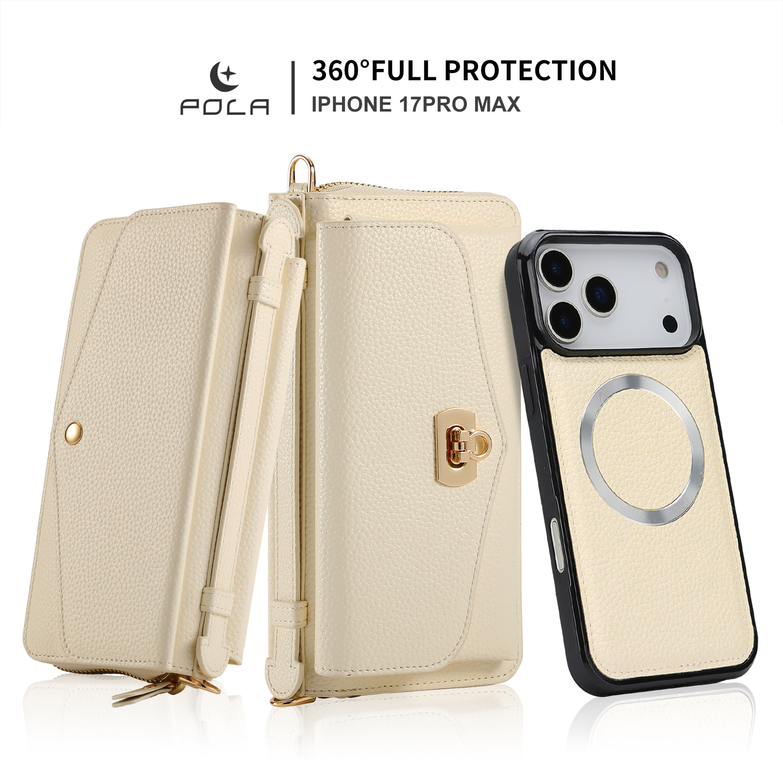 Dteck Crossbody Wallet Case for iPhone 17 Pro Max, Magnetic Detachable Floral PU Leather Phone Case with RFID Blocking Card Holder Wristlet Mirror Flip Zipper Shoulder Purse Bag for Women, Beige