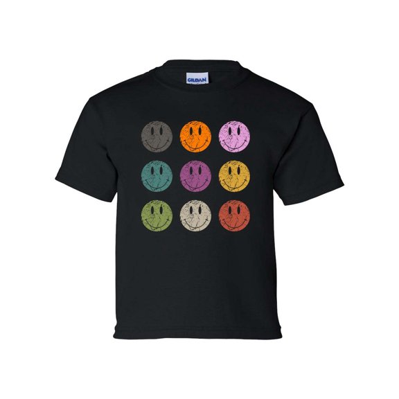 Youth Kids Retro Distressed Happy Face Smile Repeat Short Sleeve T-shirt Graphic Tee-Black-small