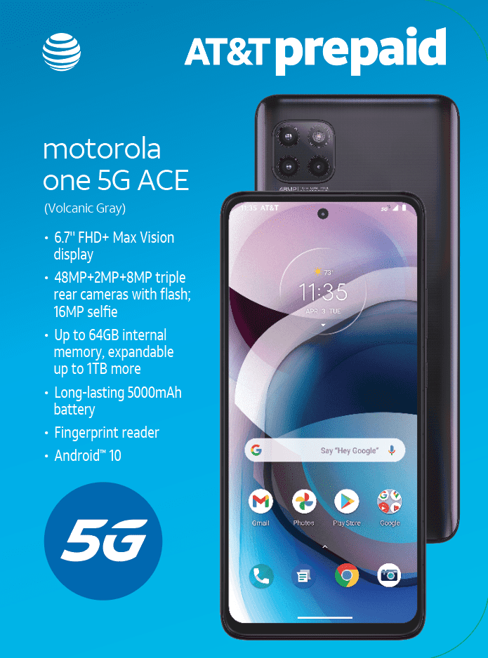 AT&T Motorola One 5G Ace, 64GB, Volcanic Gray - Prepaid Smartphone