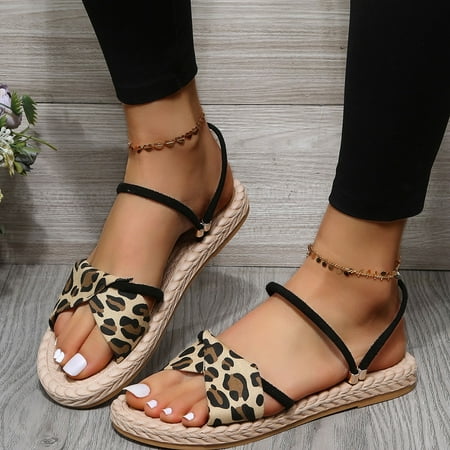 

uikmnh Women Shoes Women s Summer Slip-On Comfortable Flat Leopard Print Beach Open Toe Breathable Sandals Shoes Slippers Black 7
