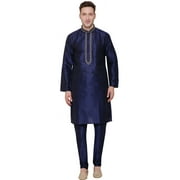 Men's Art Silk Indian Festival Wedding Party Clothes Kurta Pajama (Blue, XL)