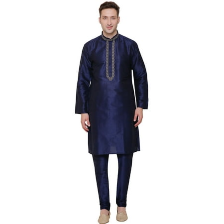 Men's Art Silk Indian Festival Wedding Party Clothes Kurta Pajama (Blue, XL)
