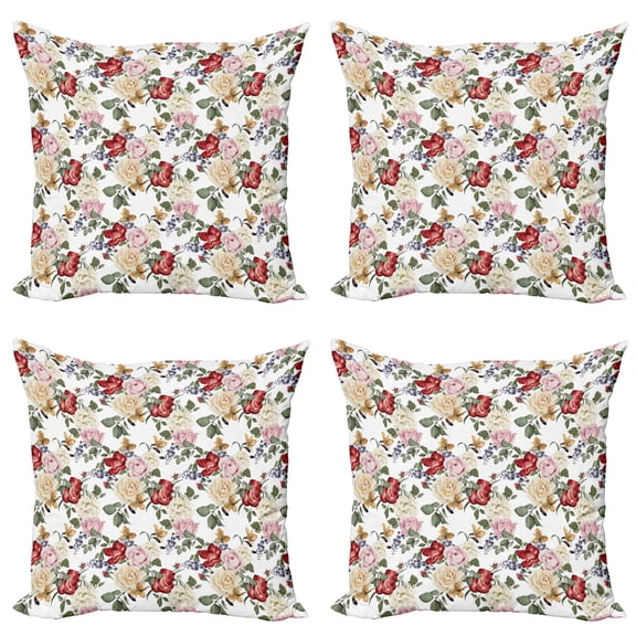 Ambesonne Spring Throw Pillow Cover 4 Pack, Lilacs Roses Flowers, 24", Pale Pink Cream