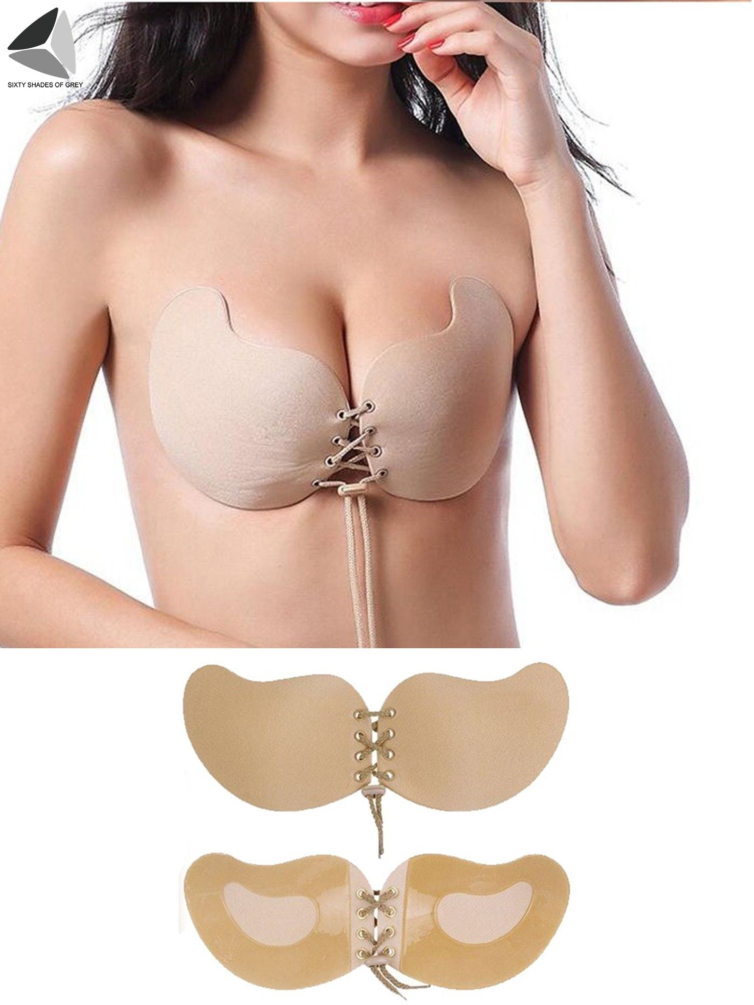 B Black&Nude Adhesive Invisible Bra Strapless Drawstring Push-up Silicone Bra for Women C Cup 2Pcs 