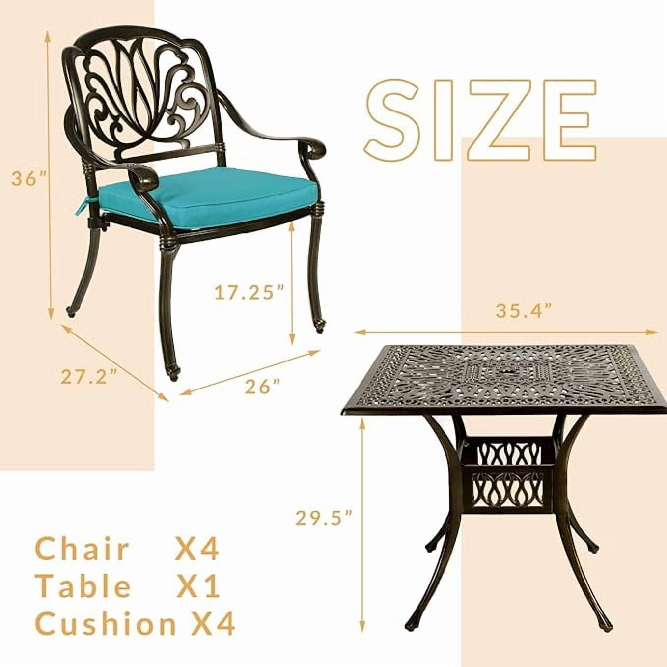 W WARMHOL 5-Piece Outdoor Patio Dining Set, All-Weather Cast Aluminum Patio Furniture Set for Backyard Garden Deck with 4 Chairs, 4 Cushions and 35.4” Square Table, 2.2" Umbrella Hole, Red