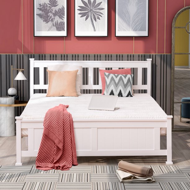 Queen Bed frame, Solid Wood Platform Bed Frame with Headboard and