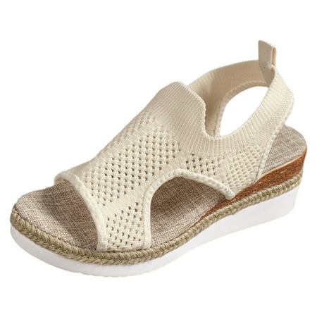 

XIAQUJ New Large Size Sports Sandals Women s Wedge Heel Fly Weave Casual Hollow Beach Sandals Sandals for Women 2024 Beige 8.5