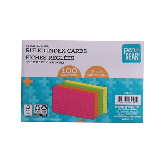 Fiches réglées Pen + Gear de couleurs lumineuses 4 in. x 6 in. 100 fiches