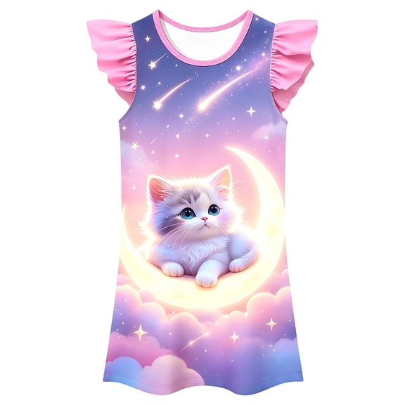 Ruiwil Nightgown Toddler Girls Summer Dailywear Casual Soft Clothes Cute Cat Print Flutter Sleeve Crew Neck Girls Sleep Dress Size 3-4 Years Pink