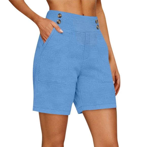 Nfurl High Waisted Shorts Women Dressy Casual Wide Leg Shorts with Pockets Summer Cotton Linen Shorts for Going Out Daily Vacation Beach Sky Blue,XXL
