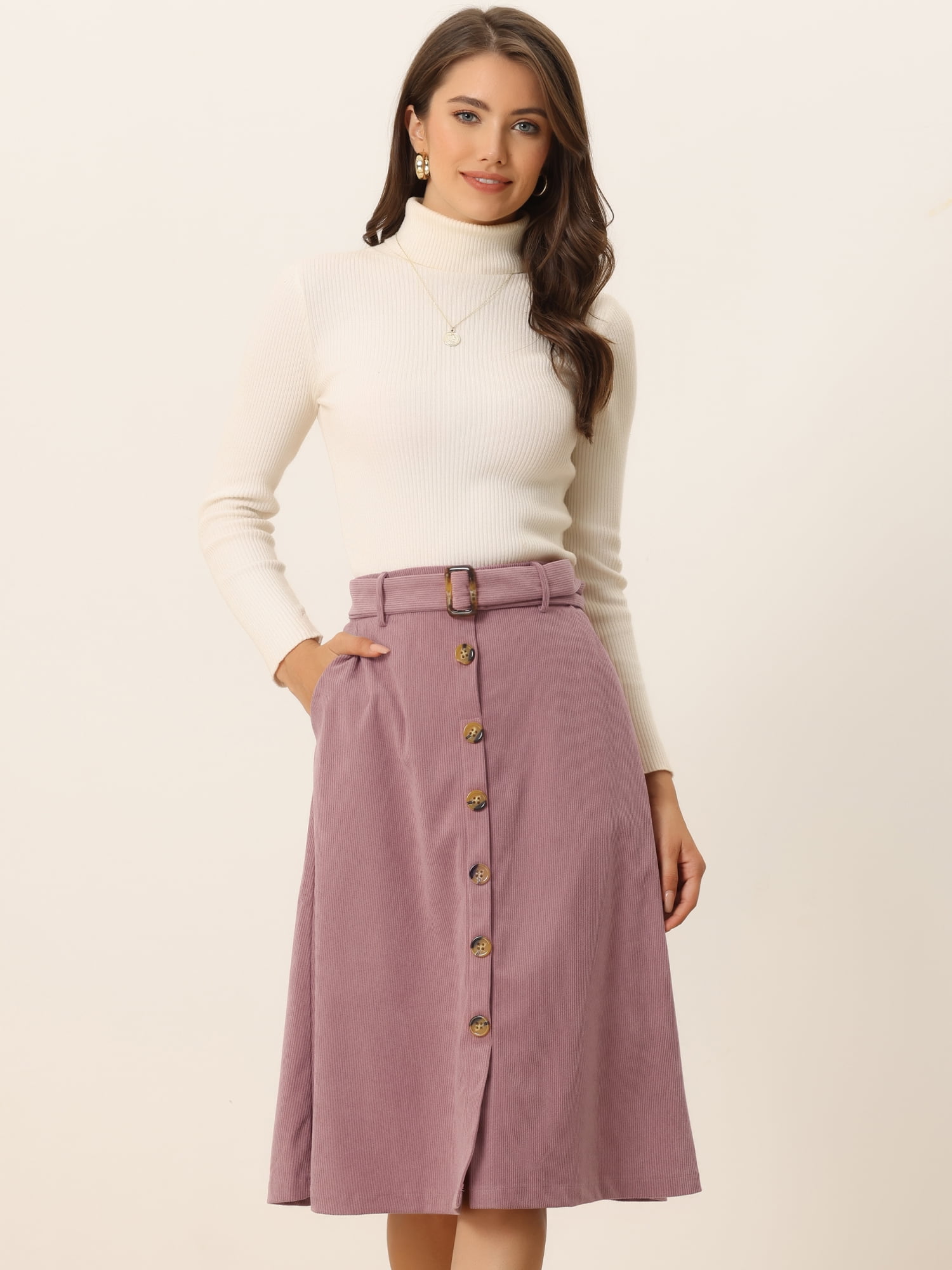 DARING DIVA Women's A-Line Button Front Belted Midi Skirts L Pink