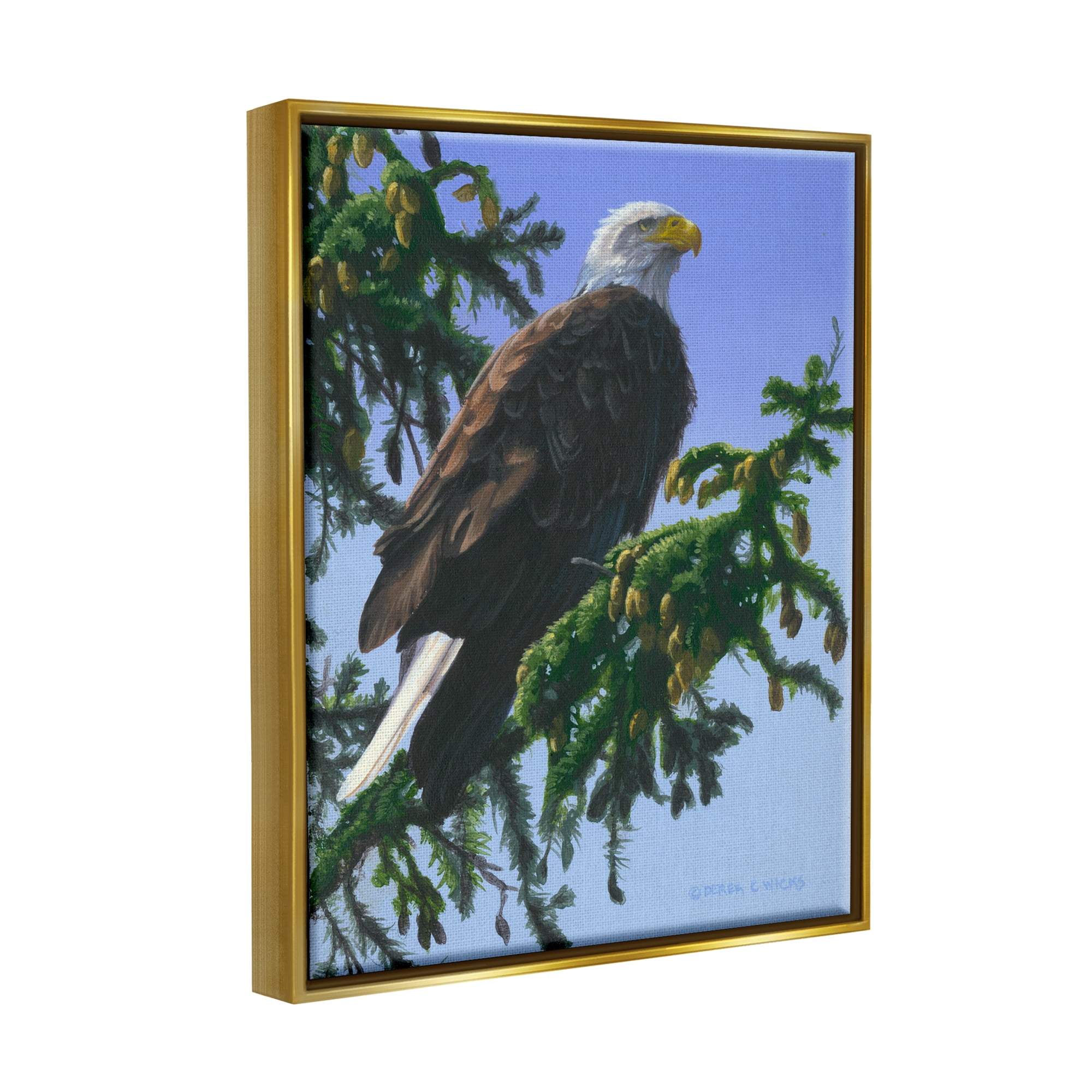 Stupell Industries Eagle on Fir Branch Animals & Insects Painting Gold Floater Framed Canvas Art Print Wall Art, 17 x 21