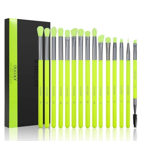 Docolor Eyeshadow Brush Set 15Pcs Neon Green Eyeshadow Blending Eyebrow Eyelash Eye Liners with Case