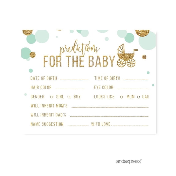 Predictions for Baby Mint Green Gold Glitter Baby Shower Games, 20-Pack