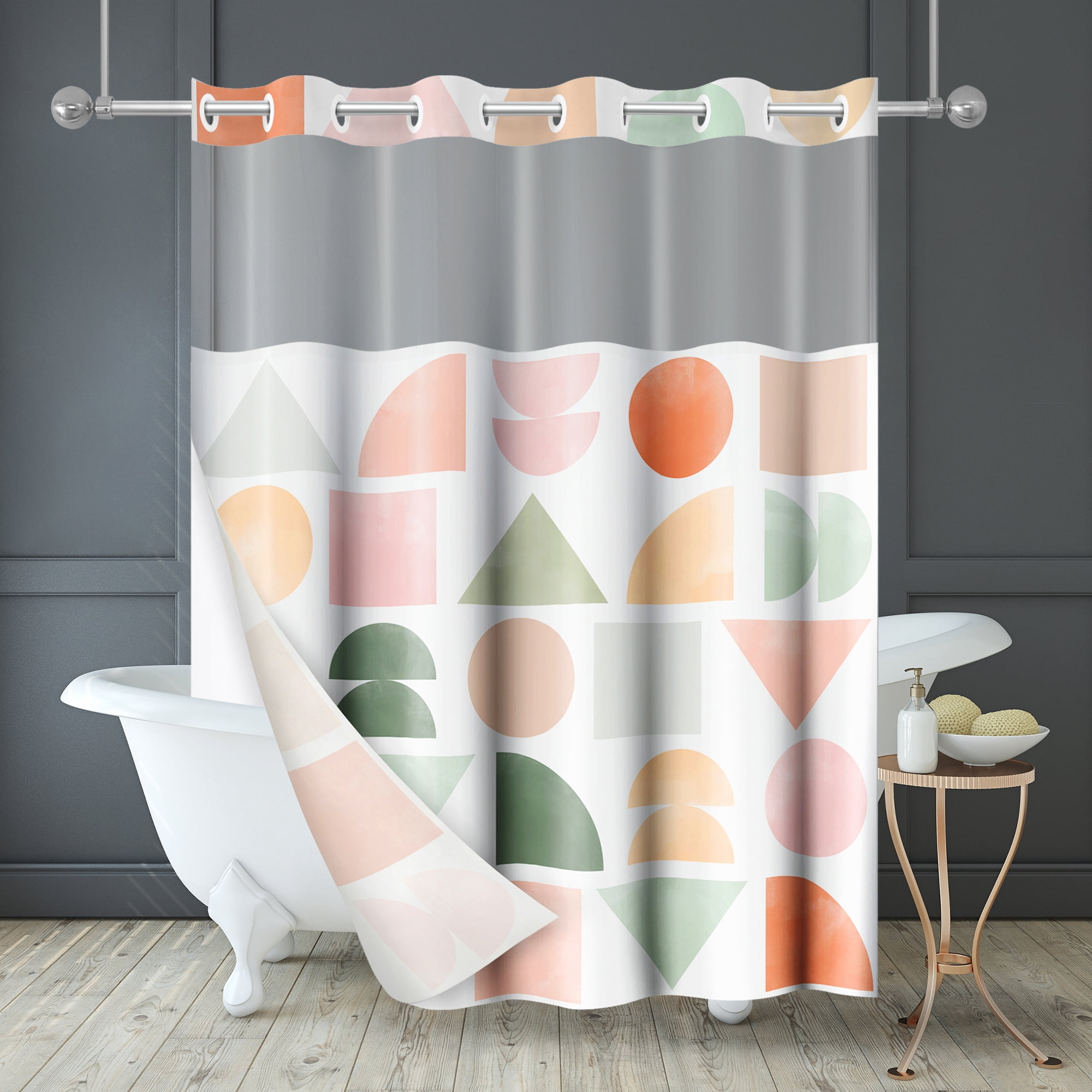Americanflat 72x75 Hookless Shower Curtain - Abstract Orange Green Shower Curtain with Sheer Panel, Snap-In Liner, and Grommets - 100% Polyester