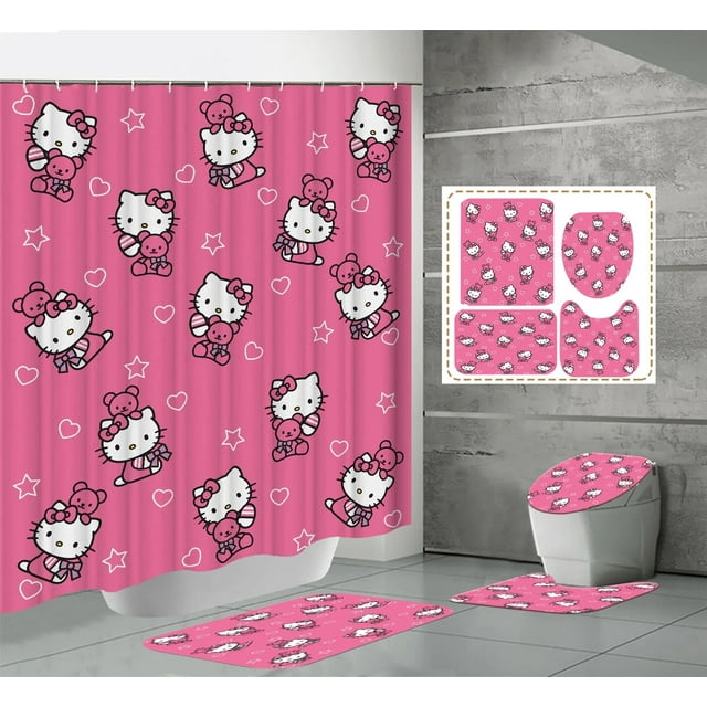 Rideau de Douche Kawaii Hello Kitty Ensemble Quatre Pièces Kit Anime Sanrio Impression Rideau de Douche Tapis Coussinet en U Imperméable Neuf LS
