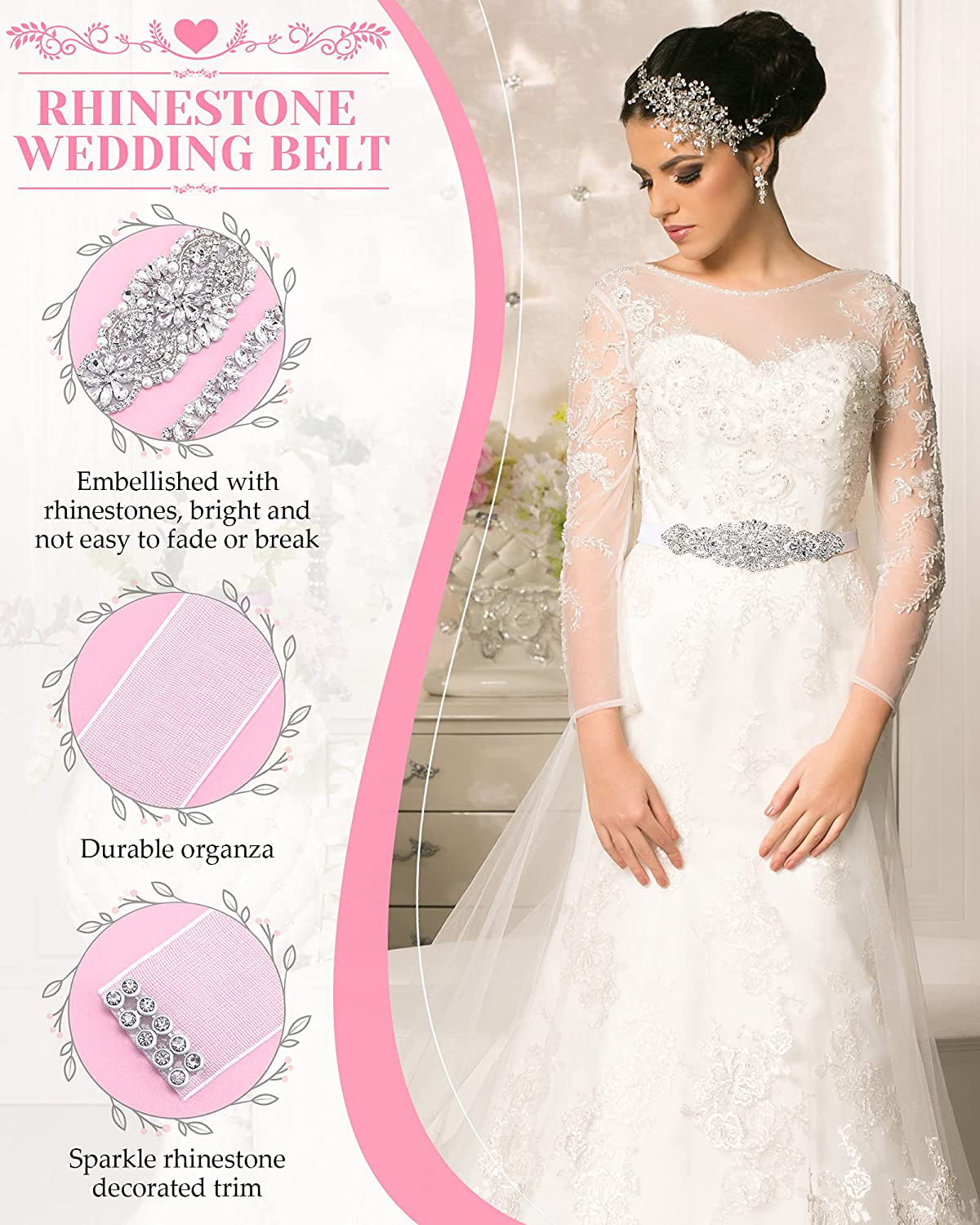 Crystal Bridal Sash,Rhinestone Bridesmaids Wedding Dress Sash Belt with Ribbon 