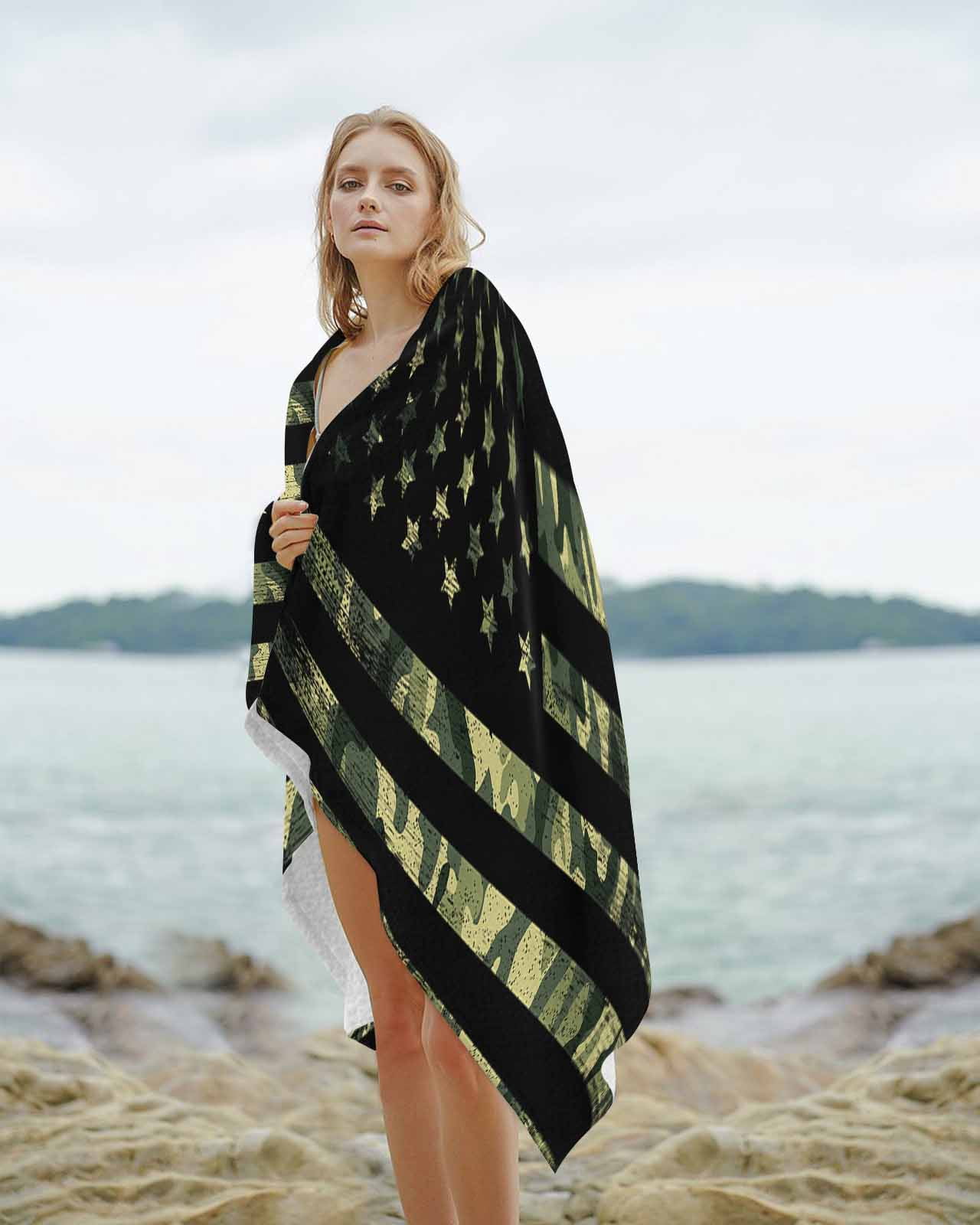 Green Camouflage American Flag Beach Towels Oversized Super Absorbent, Wooden Grain Lightweight Bath Towel Quick Dry Sets For Bathroom/Pool/Rv Camping/Beach Play/Gym Room/Picnic 35"x70"