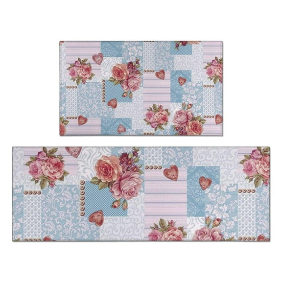 Pioneer Flower Floral Print Pattern Kitchen Rugs Sets Of 2,Anti Fatigue Kitchen Mat Rugs Non Slip Washable,Decorative Kitchen Floor Mats for Kitchen,Sink,Laundry,17"x30" 17"x47"