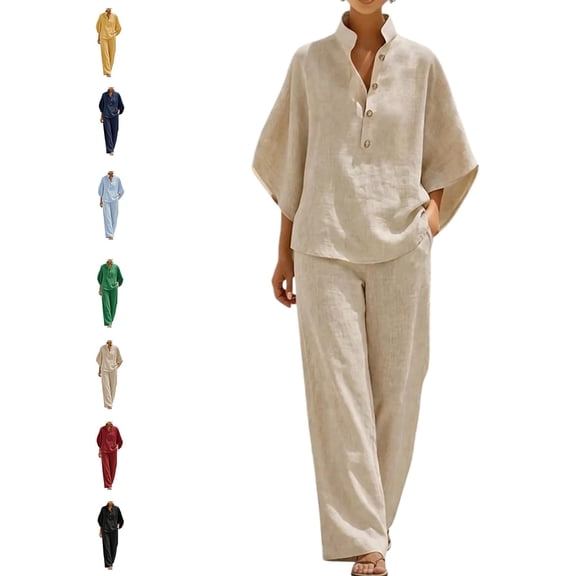 Women's Batwing Sleeve Linen Cotton Two Piece Set,Casual Shirt & Wide Leg Pants Outfit,Lightweight Summer Lounge Wear