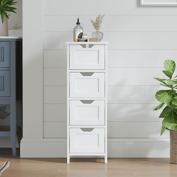 Garmic Bathroom Storage Cabinet with 4 Drawer & Anti-Tip Device, Freestanding Cabinet for Bathroom Hallway Laundry Room, White