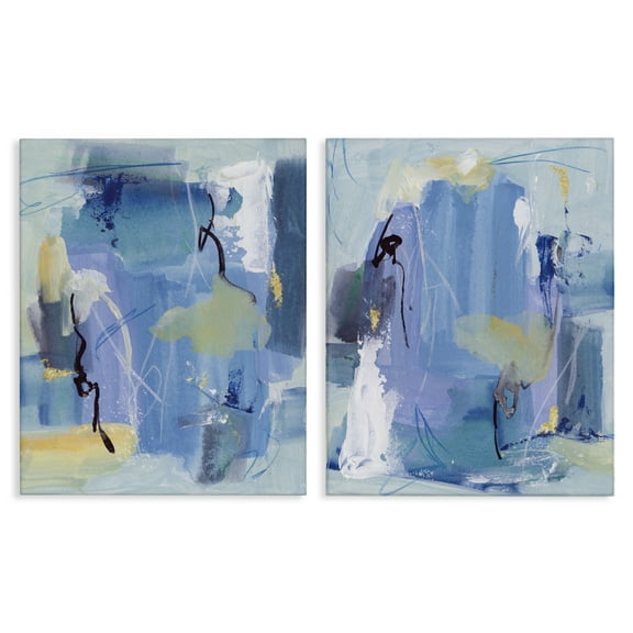 Stupell Industries Blue Abstract with Yellow Abstract Painting Wrapped Canvas Art Print Wall Art, 16 x 20, Set of 2
