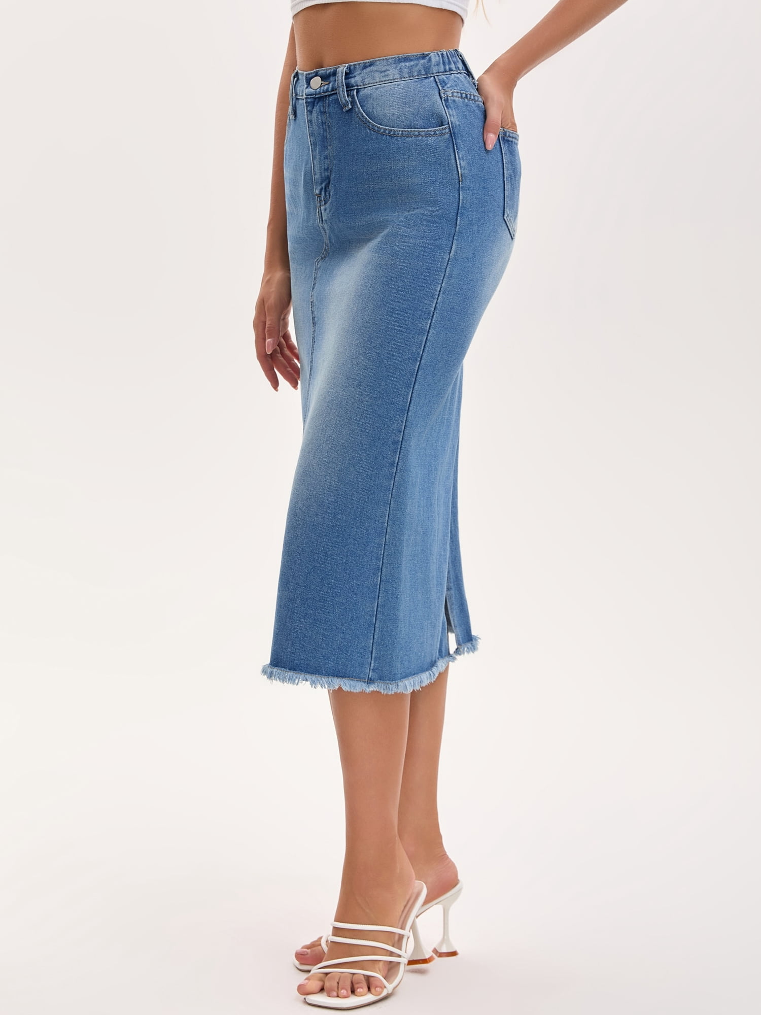 DARING DIVA Women's Long Denim Split Back Pockets Maxi Jean Skirts X-Large Blue
