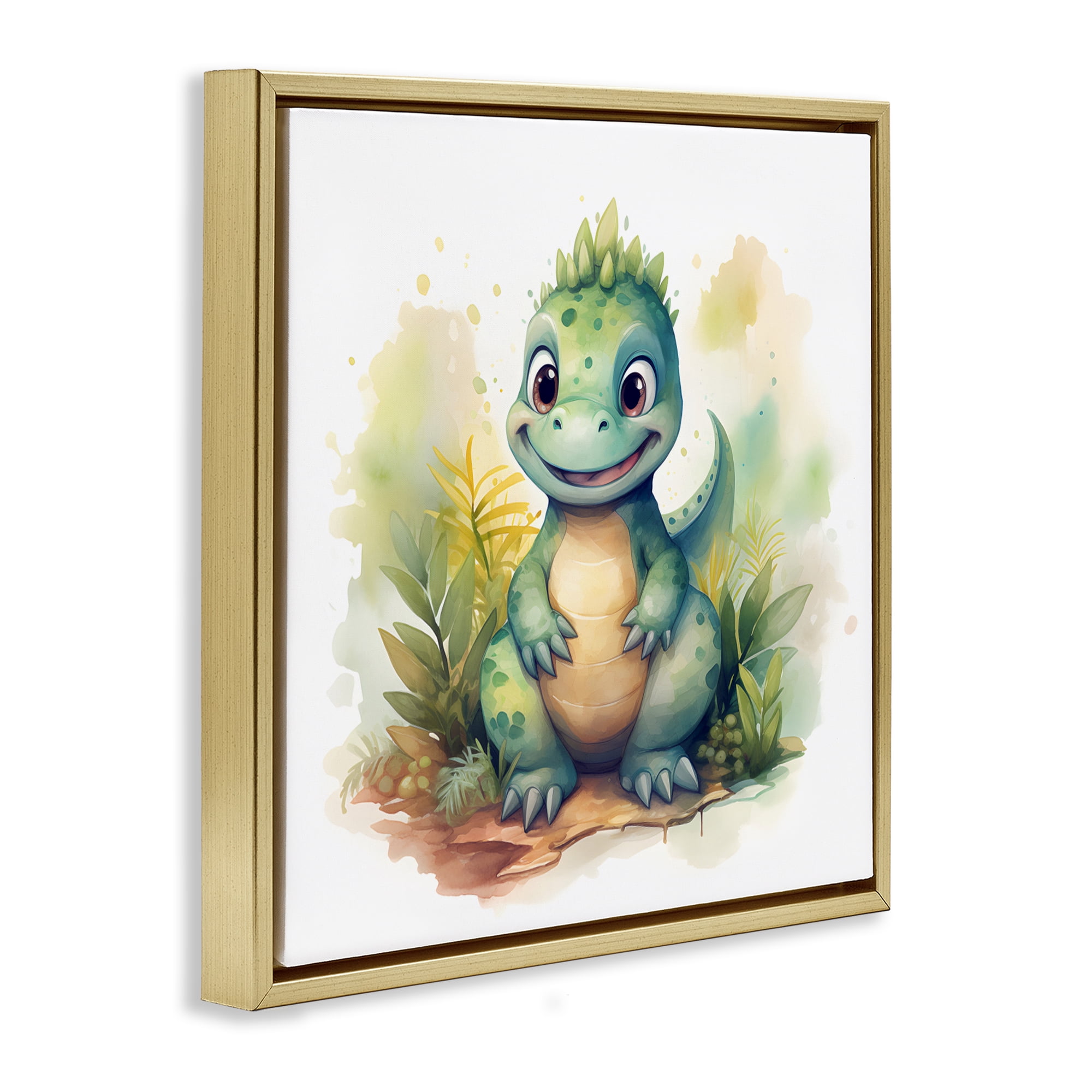 Stupell Industries Crafty Smiling Dinosaur Gold Framed Floater Canvas Wall Art, design by Steve Hunziker