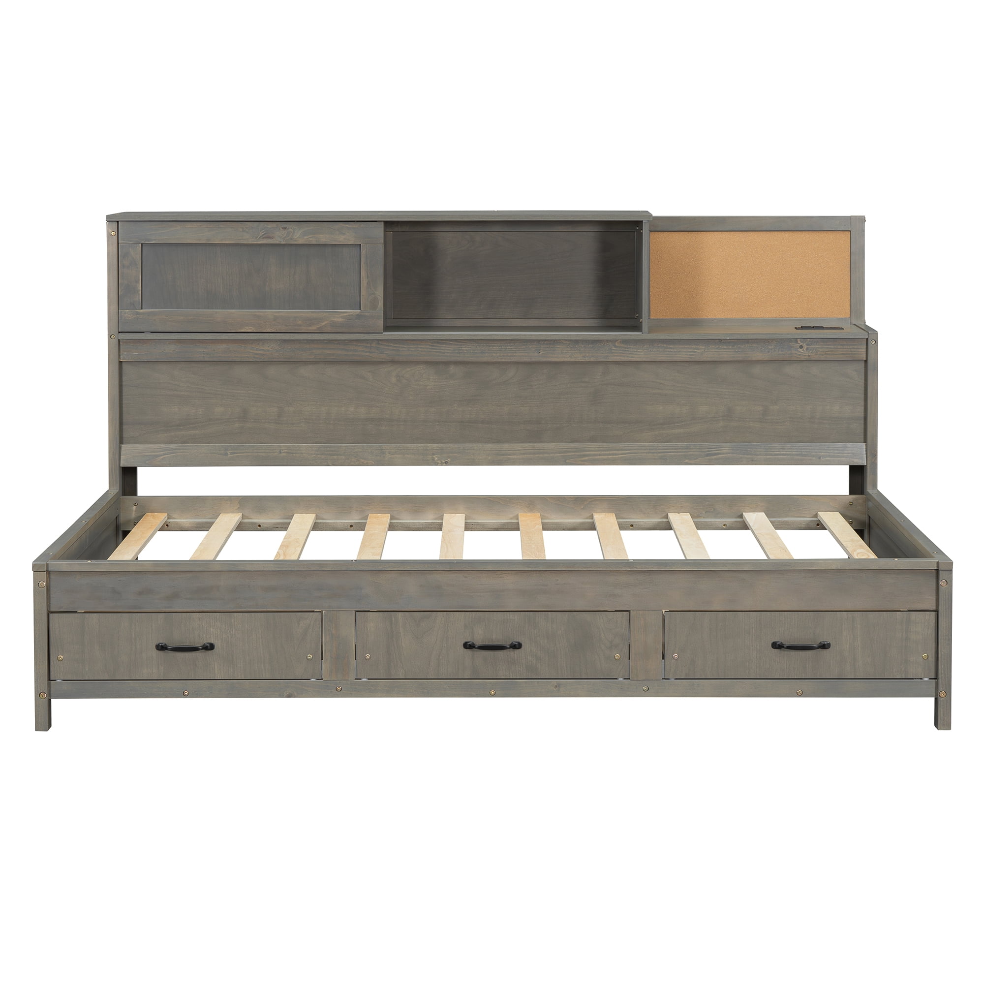 Sailvan Twin Size Wooden Daybed with 3 Storage Drawers, Upper Soft Board, Shelf, Set of Sockets