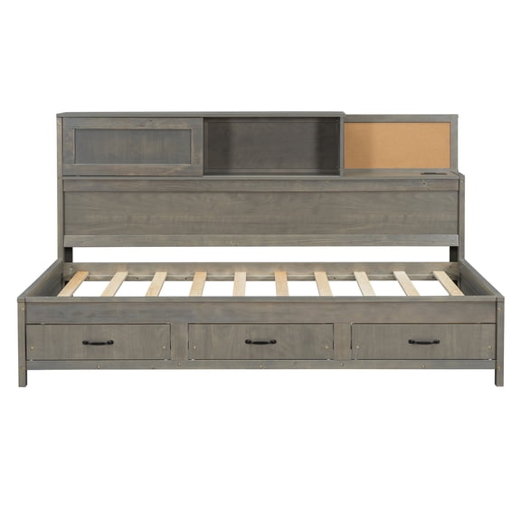 Twin Size Wooden Daybed with 3 Storage Drawers, Upper Soft Board, shelf, and a set of Sockets and USB Ports, Gray