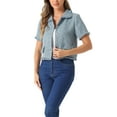 thumbnail image 4 of INSPIRE CHIC Women's Tweed Shirt with Tassel Cropped Length Spring Short Sleeve Shirt XS Blue, 4 of 6
