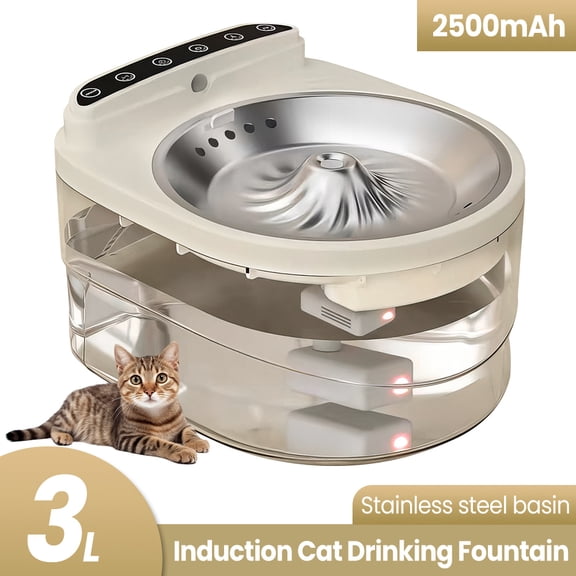 Wireless Cat Water Fountain with Motion Sensor - for Cats & Dogs - 3L Stainless Steel Pet Water Dispenser, Battery Powered, Ultra-Quiet Pump, Included 10 Filter Cottons