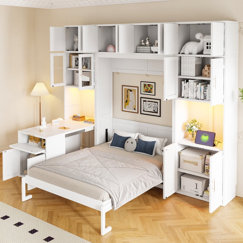 Full Size All-in-One Murphy Bed with Hidden Desk & Storage Cabinets, Foldable Platform Bed Frame with Power Outlet & LED Light