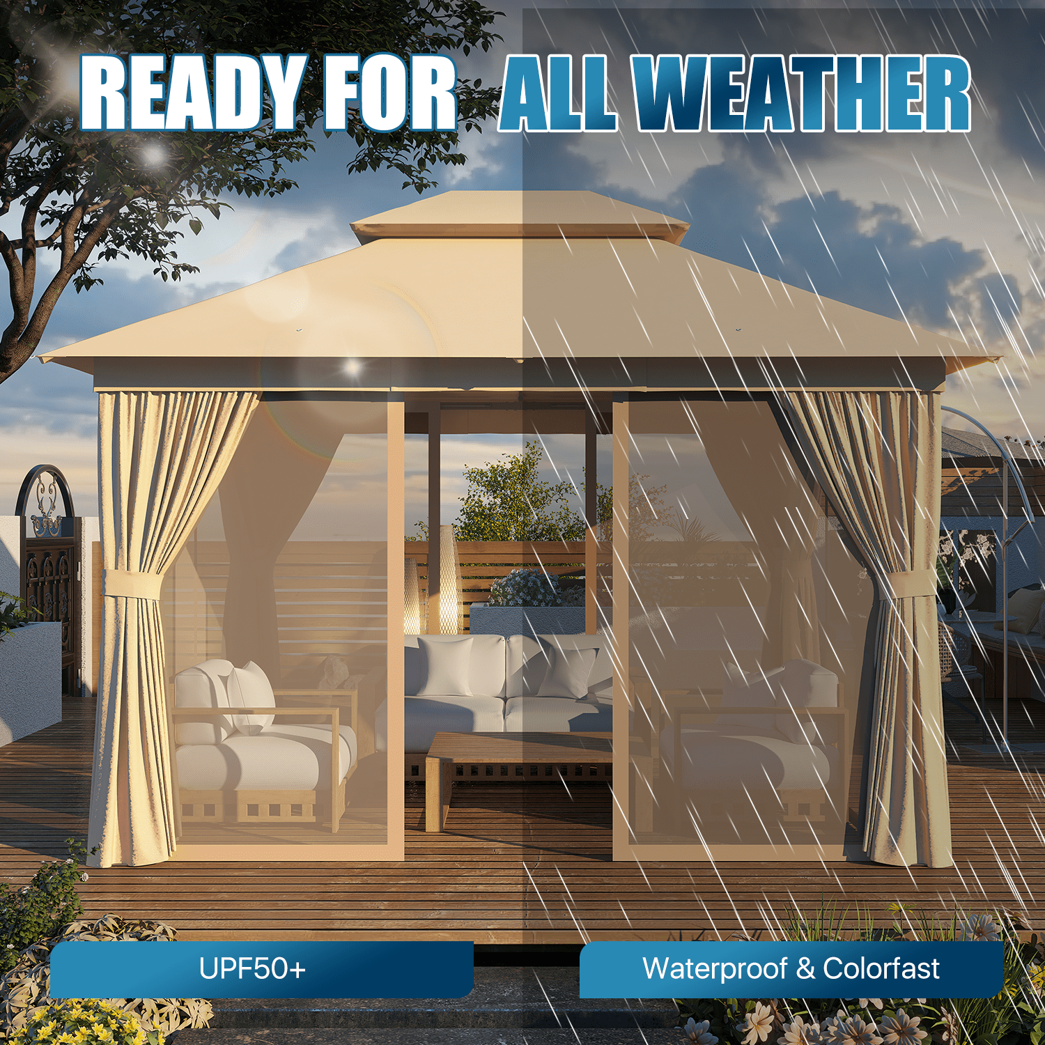 Sunmthink Outdoor Gazebo for Patio 10'x12', Metal Frame Canopy with Double Roofs, Heavy Duty Party Tent and Shelter with Mosquito Netting and Privacy Screen for Backyard,Garden,Deck (Beige)